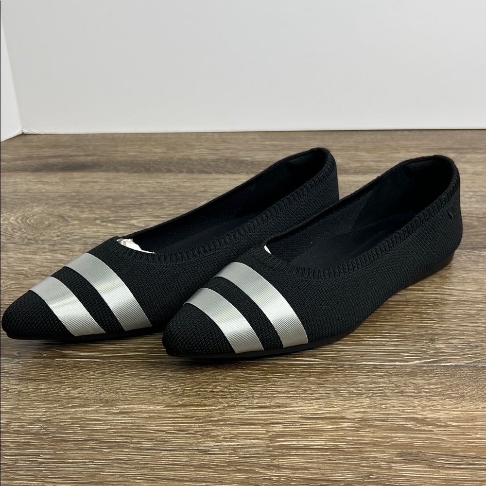 VIVAIA Black Knit Pointed-Toe Flats with Silver Stripe – Size 38.5 (US 8–8.5)